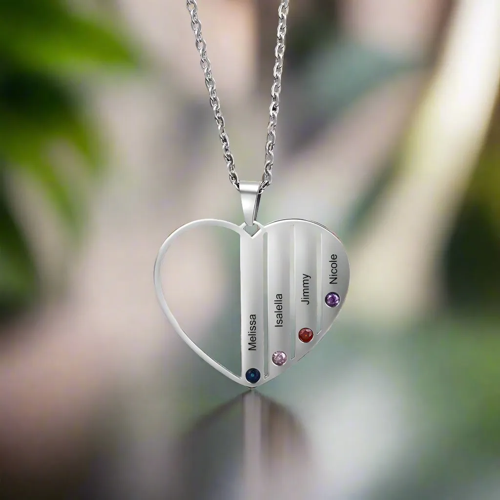 Custom Engraved Family Heart Necklace with Birthstones