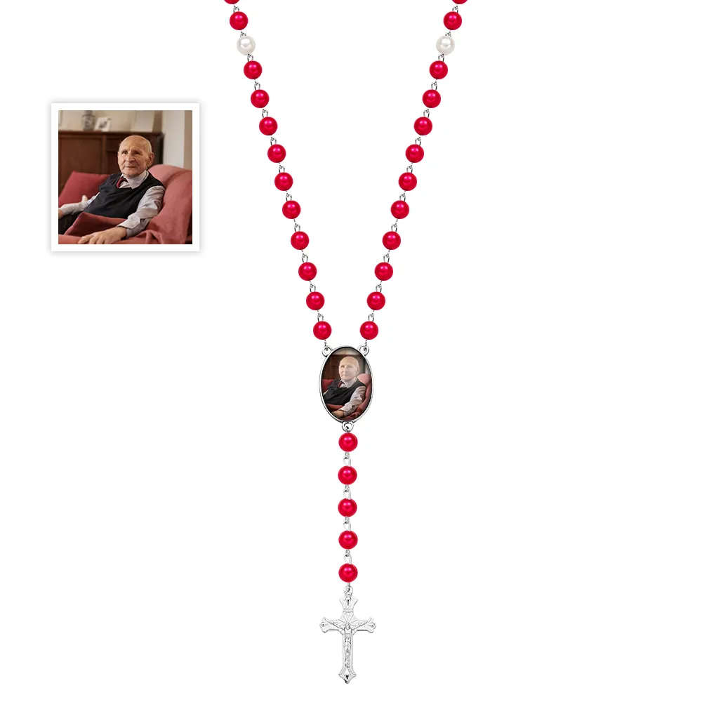 Custom Photo Rosary Beads Cross Necklace