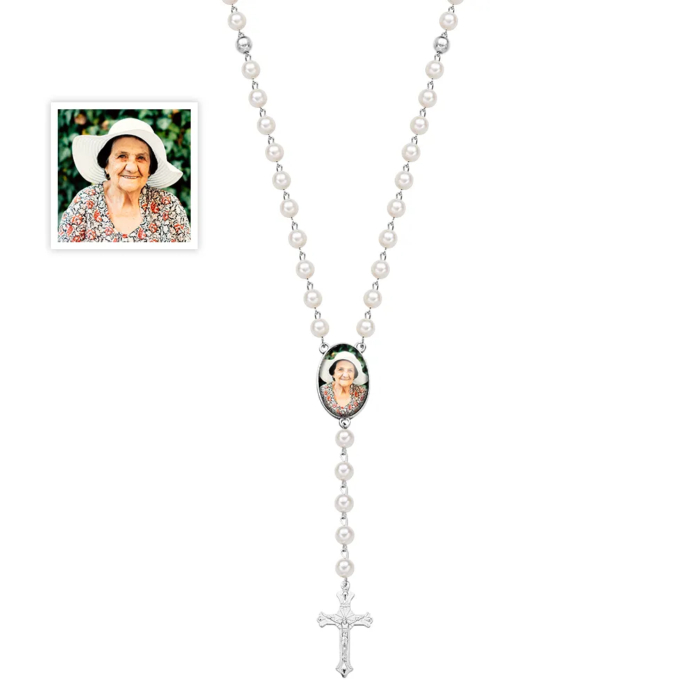 Custom Photo Rosary Beads Cross Necklace