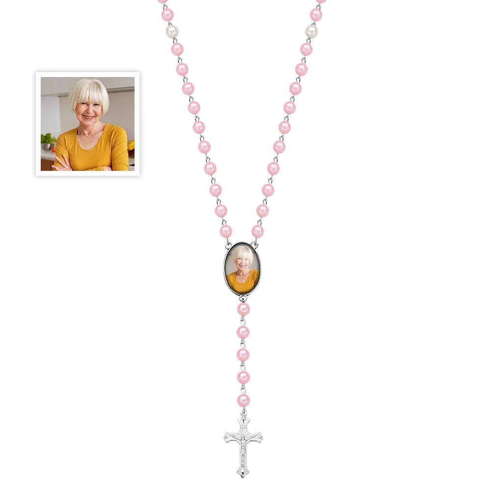 Custom Photo Rosary Beads Cross Necklace