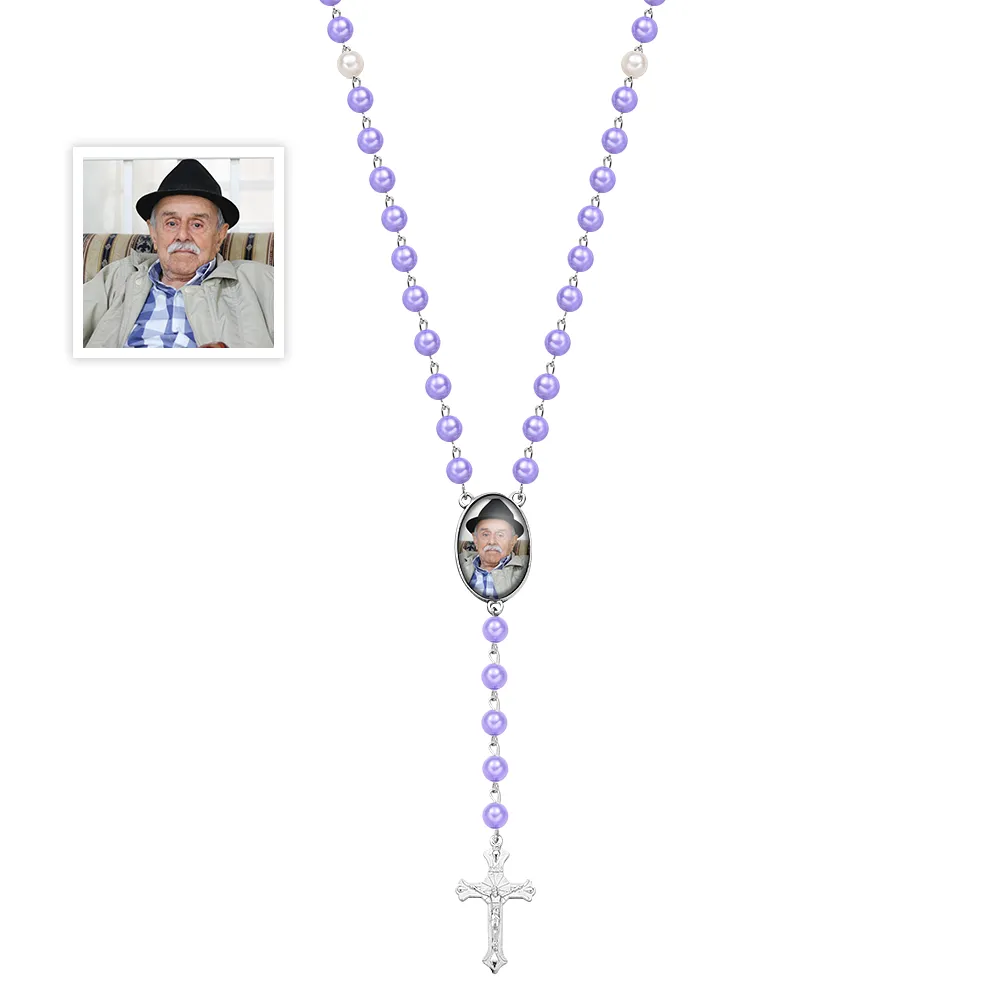 Custom Photo Rosary Beads Cross Necklace