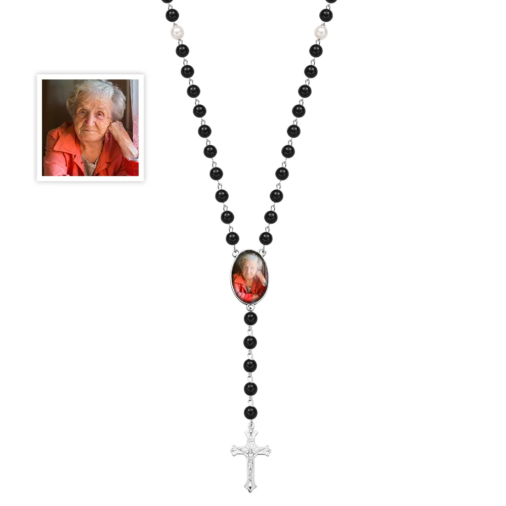 Custom Photo Rosary Beads Cross Necklace
