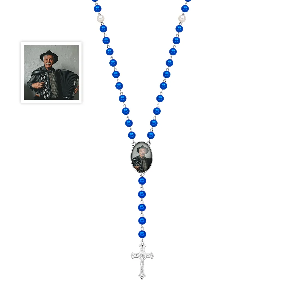 Custom Photo Rosary Beads Cross Necklace