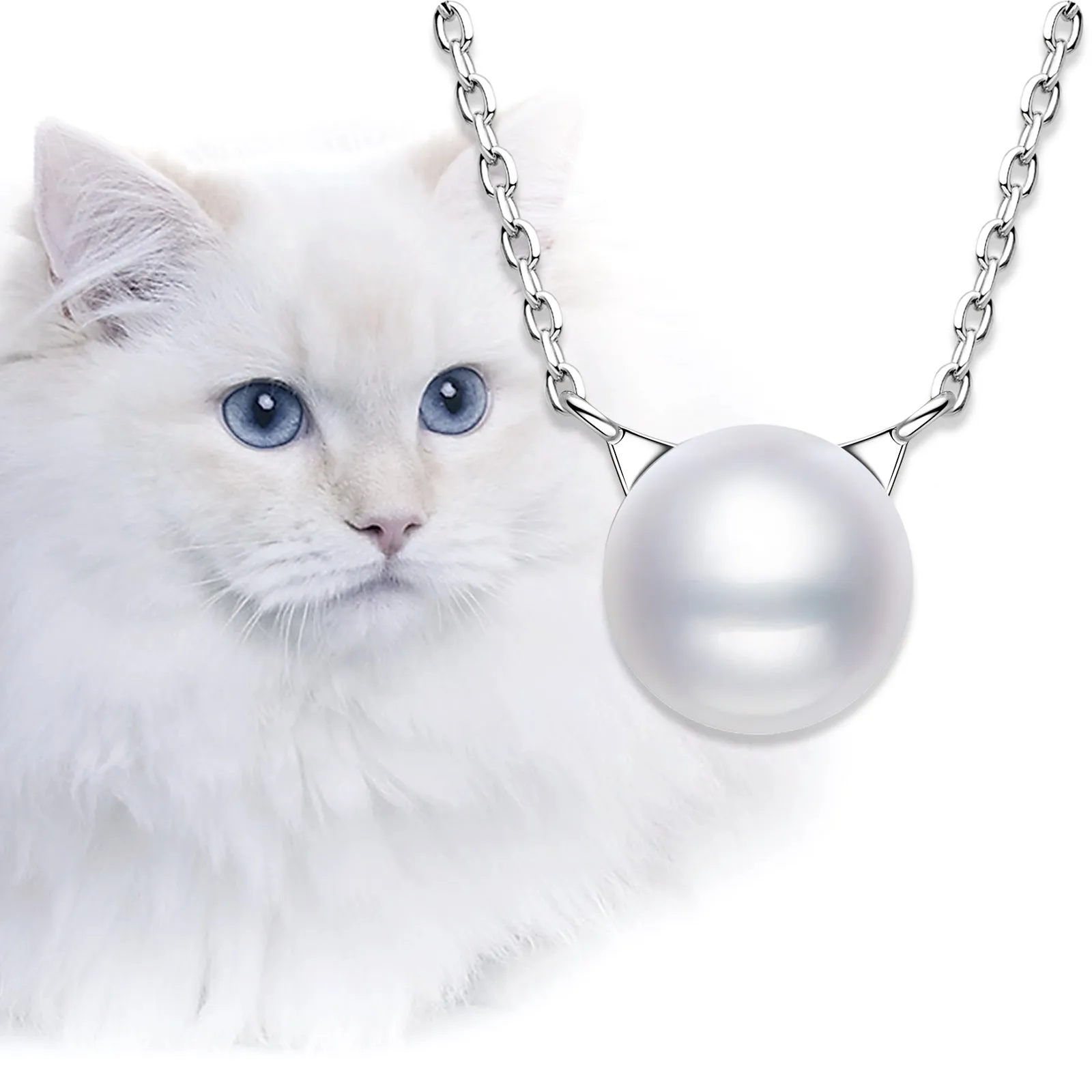 Cute Cat 8mm Bread Shaped White Freshwater Pearl Necklace