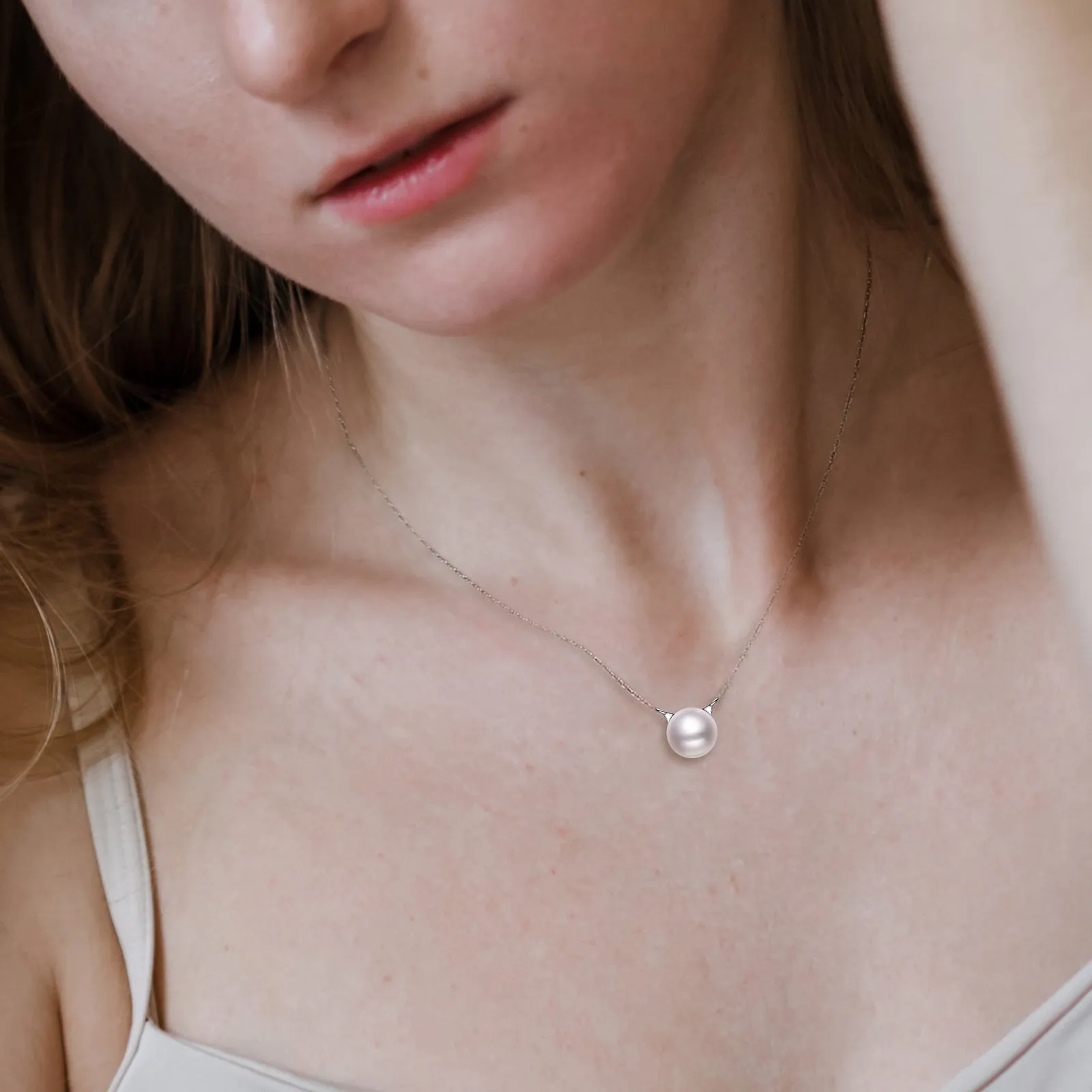 Cute Cat 8mm Bread Shaped White Freshwater Pearl Necklace