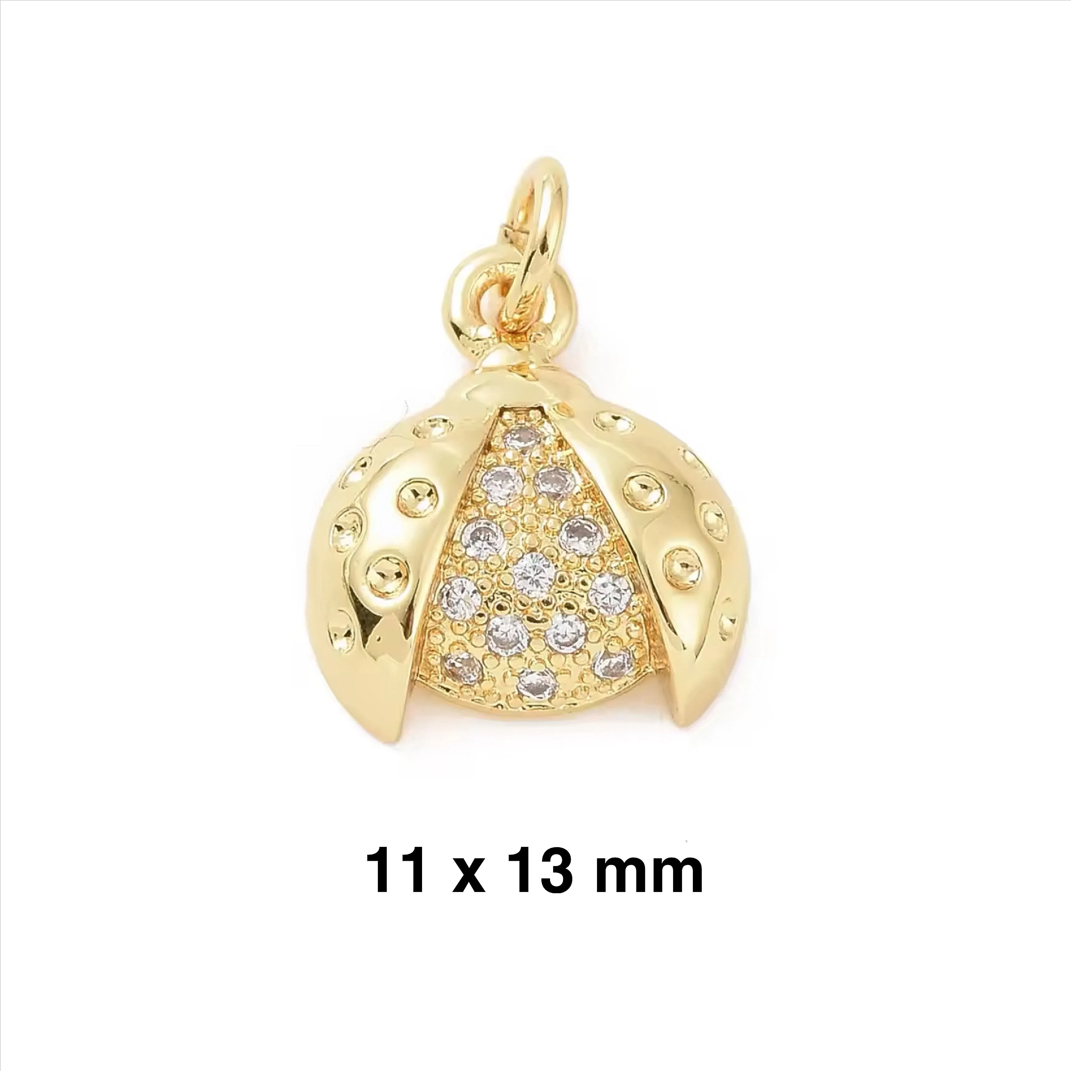 CZ Ladybug with Open Wings/Tulip Flower Charm Necklace - Gold