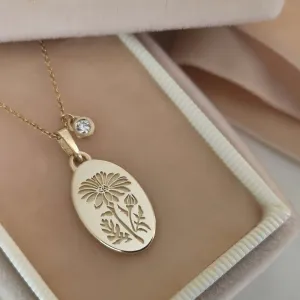 Daisy necklace, vintage style oval pendant, personalized birth flower necklace