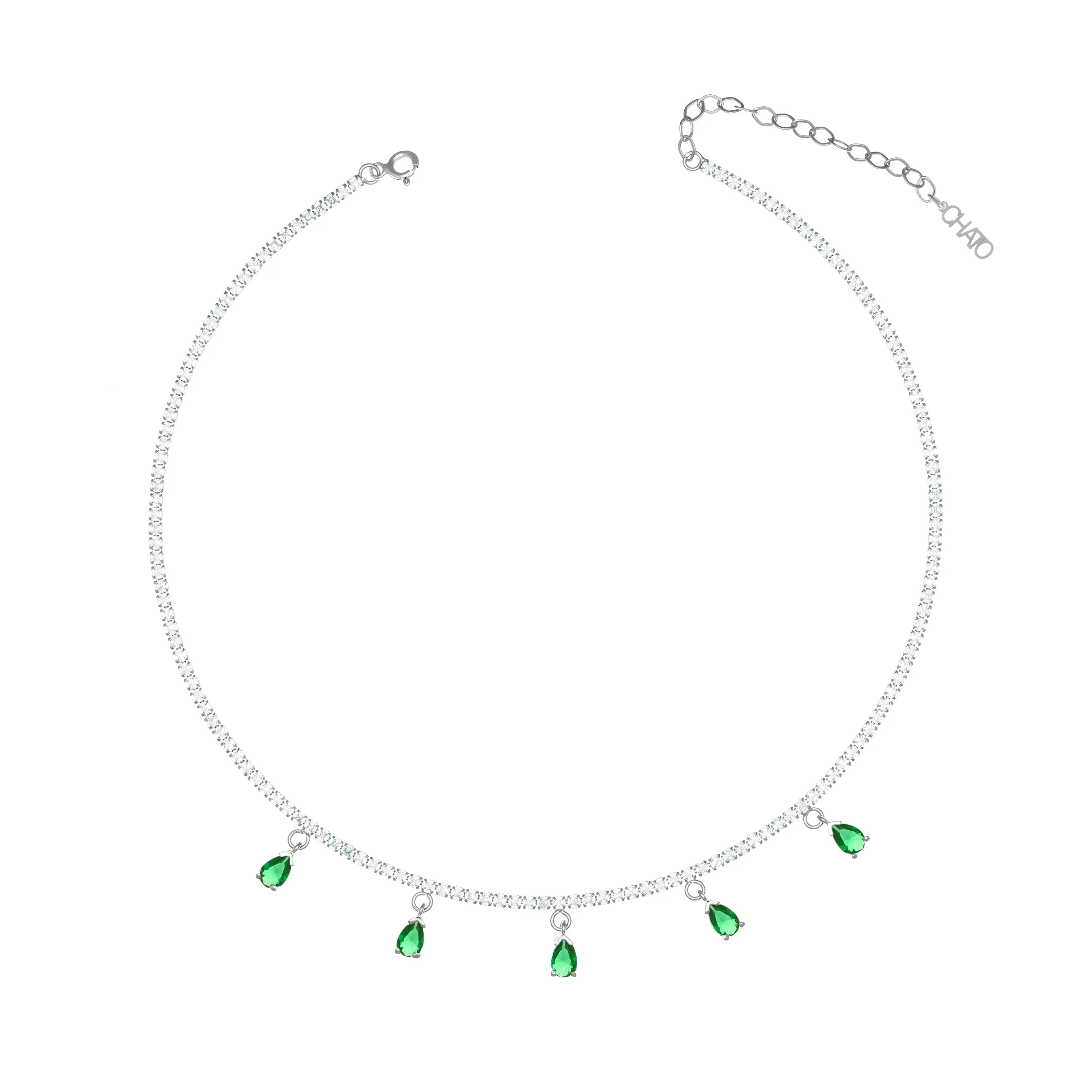 Dangling Multi Teardrop Tennis Choker - Silver Green And White