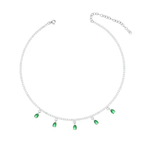 Dangling Multi Teardrop Tennis Choker - Silver Green And White