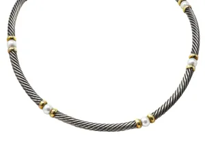 David Yurman Round Pearl Sterling Silver 14 Karat Gold Hampton Cable Necklace