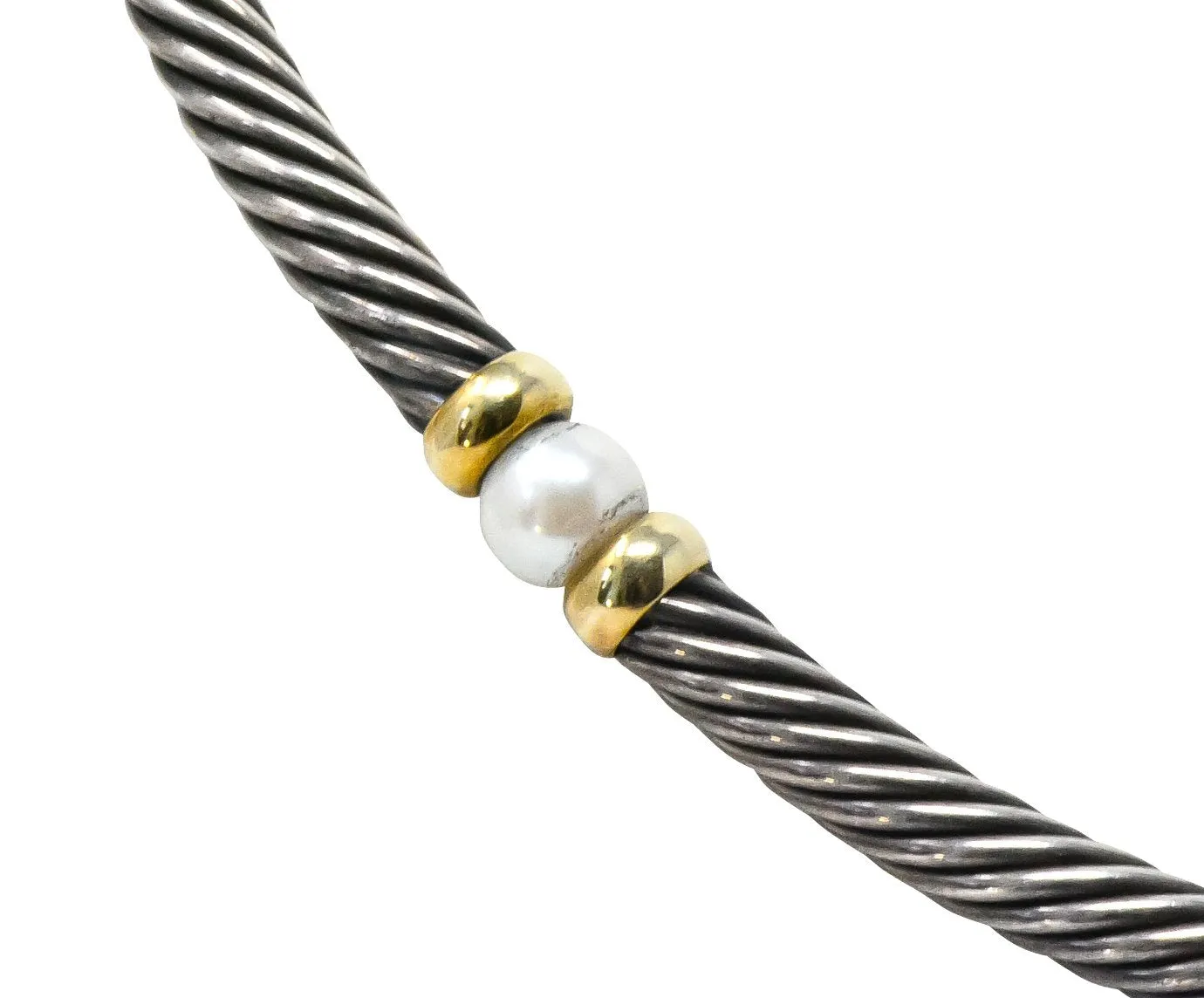 David Yurman Round Pearl Sterling Silver 14 Karat Gold Hampton Cable Necklace