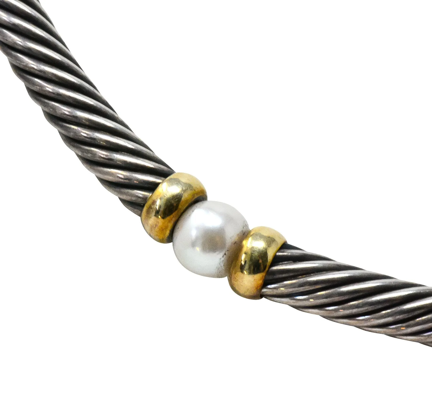 David Yurman Round Pearl Sterling Silver 14 Karat Gold Hampton Cable Necklace