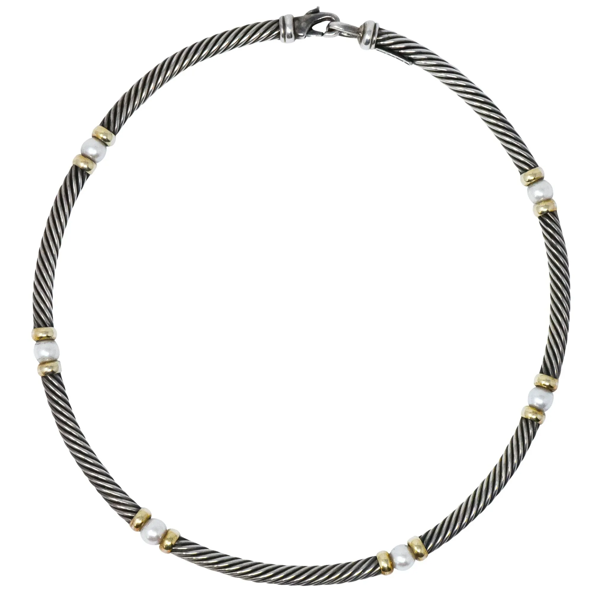 David Yurman Round Pearl Sterling Silver 14 Karat Gold Hampton Cable Necklace