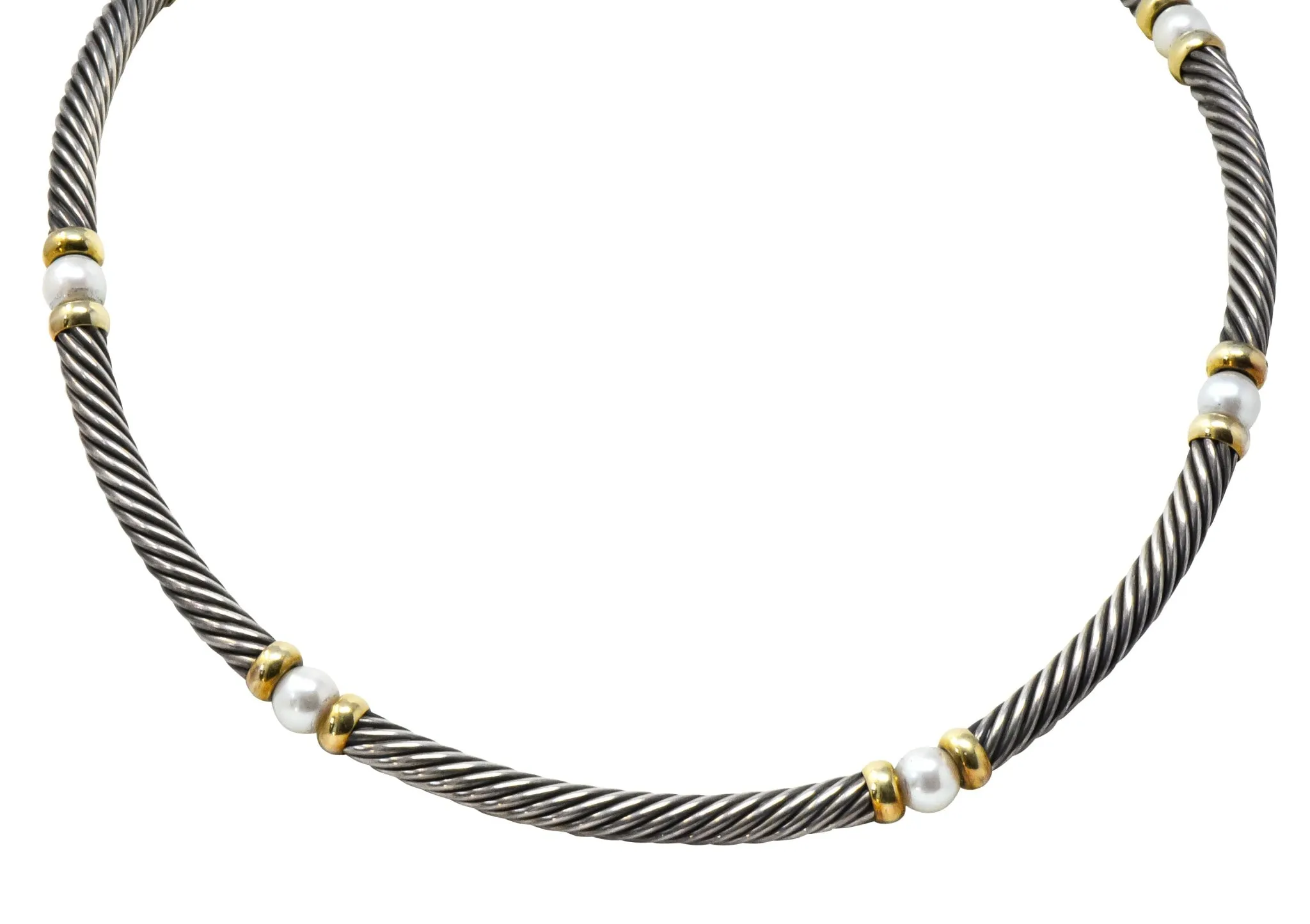 David Yurman Round Pearl Sterling Silver 14 Karat Gold Hampton Cable Necklace