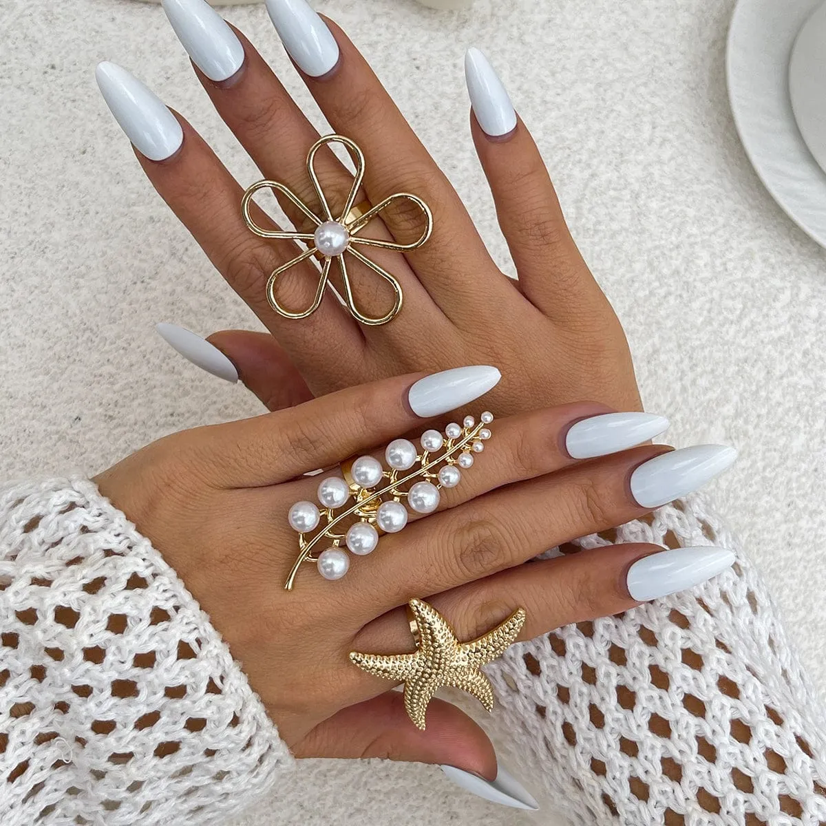 Delicate Hollow Flower Starfish Grape Shaped Pearl Ring Set