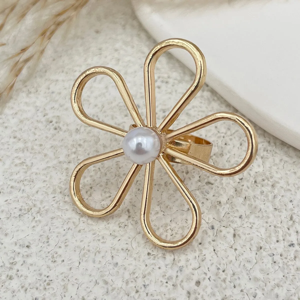 Delicate Hollow Flower Starfish Grape Shaped Pearl Ring Set