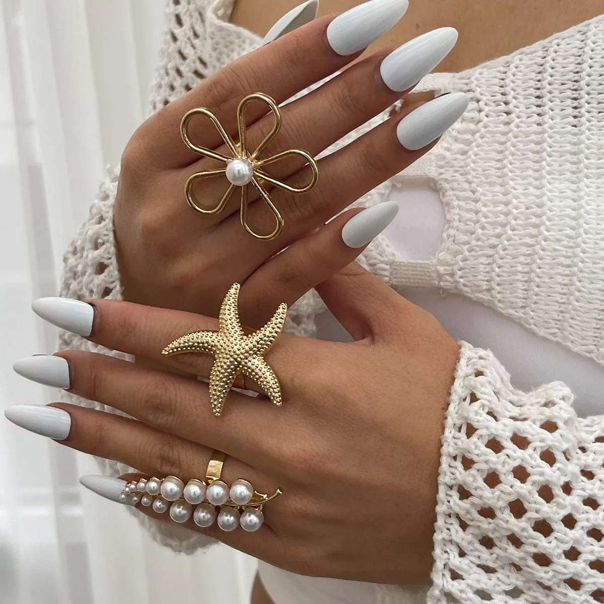 Delicate Hollow Flower Starfish Grape Shaped Pearl Ring Set