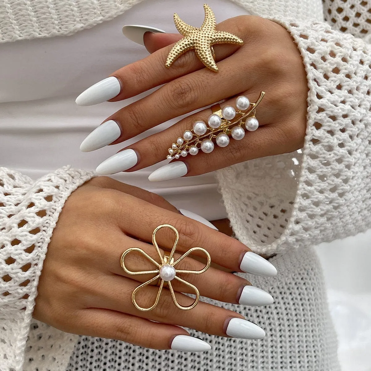Delicate Hollow Flower Starfish Grape Shaped Pearl Ring Set