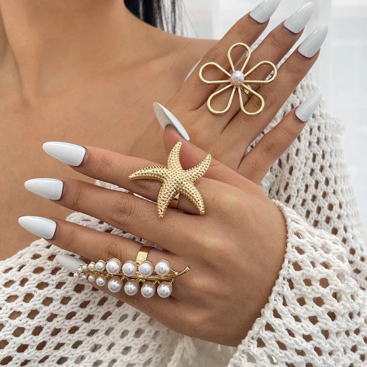 Delicate Hollow Flower Starfish Grape Shaped Pearl Ring Set