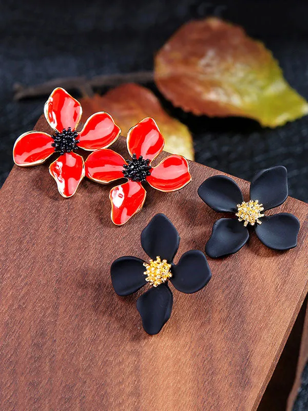 Delicate Red&Black Flower Pattern Earrings