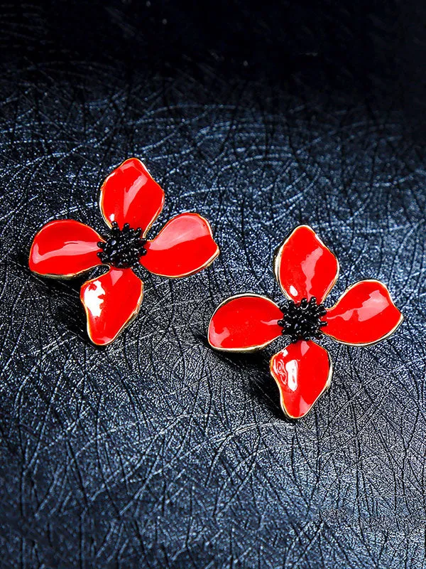 Delicate Red&Black Flower Pattern Earrings
