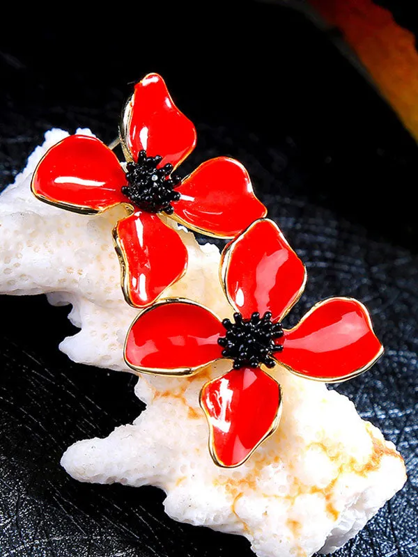Delicate Red&Black Flower Pattern Earrings