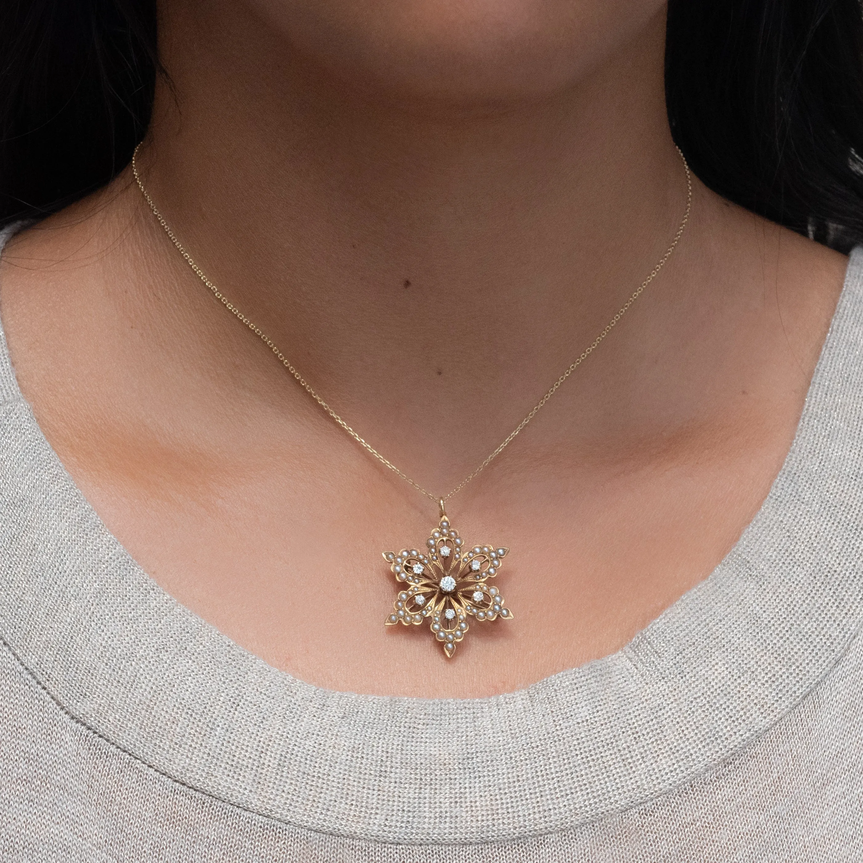 Diamond & Seed Pearl Pin-Pendant c1900