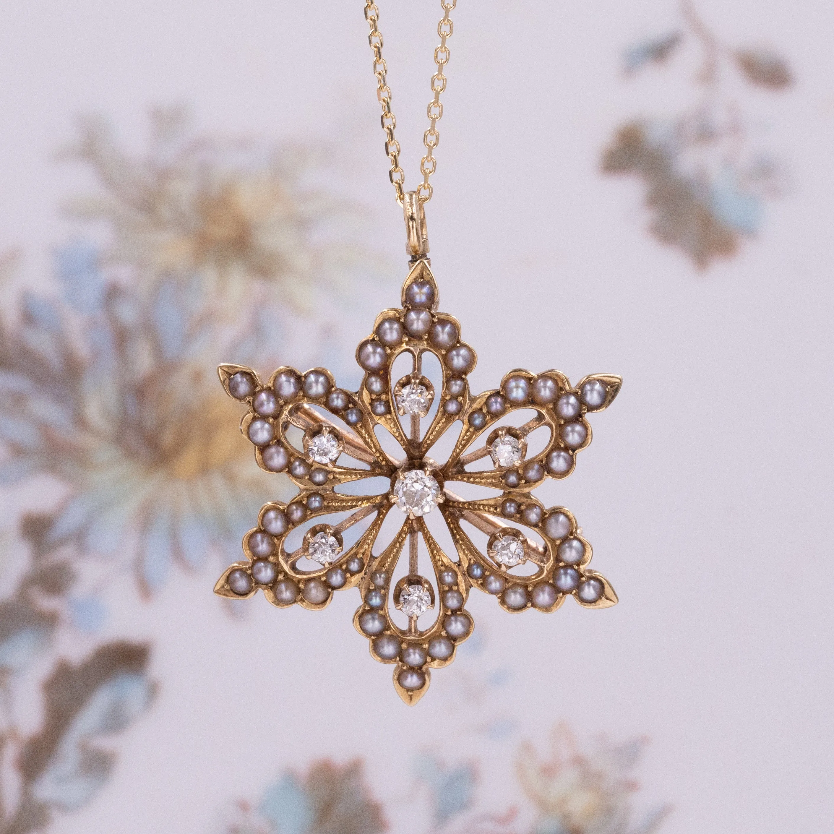 Diamond & Seed Pearl Pin-Pendant c1900