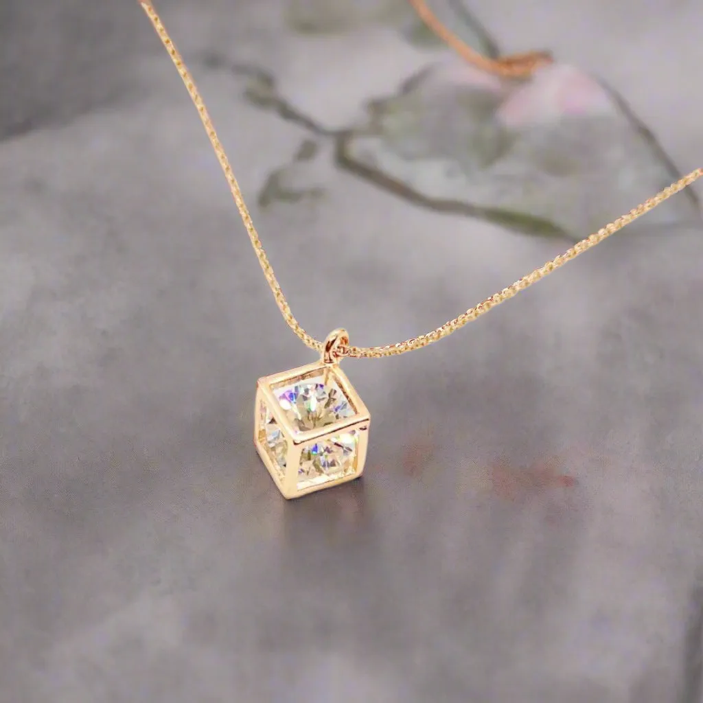 Diamond Cubic Zirconia Solitaire Jewel Box 14K Rose Gold Necklace