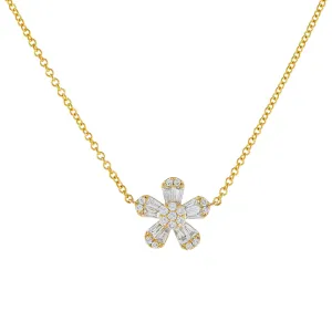Diamond Flower Baguette Necklace 14K