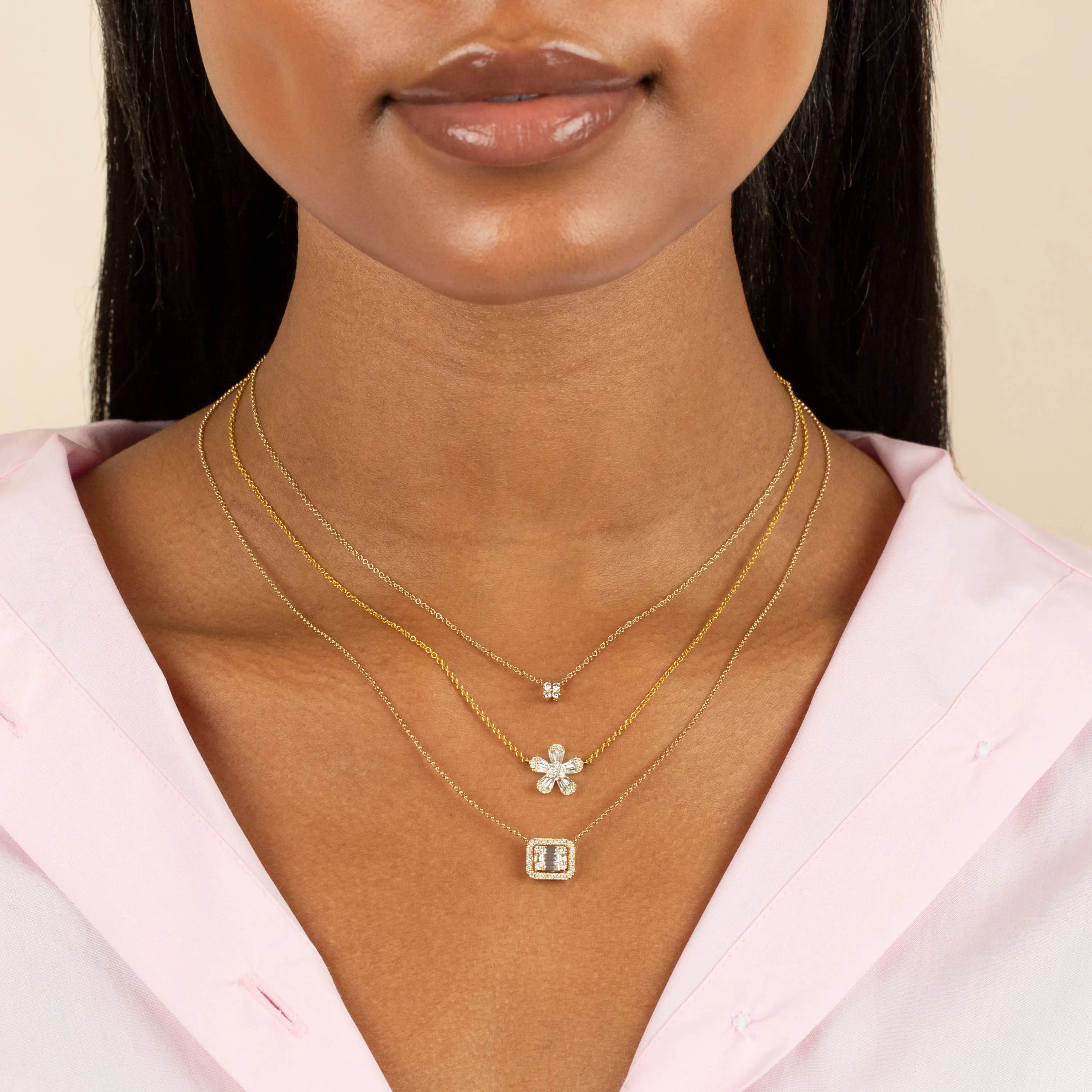 Diamond Flower Baguette Necklace 14K