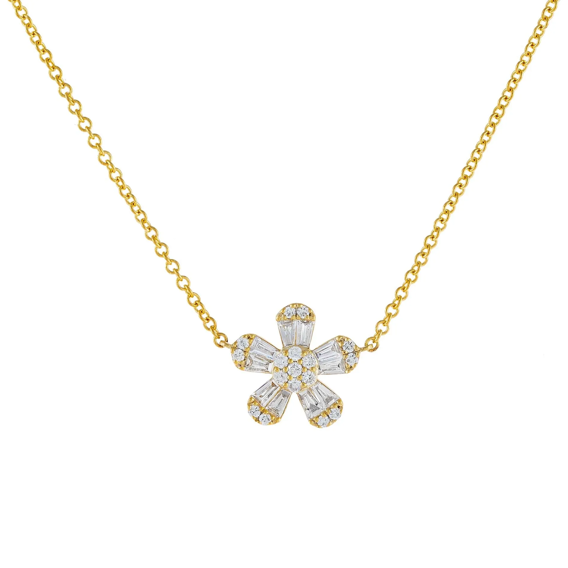 Diamond Flower Baguette Necklace 14K