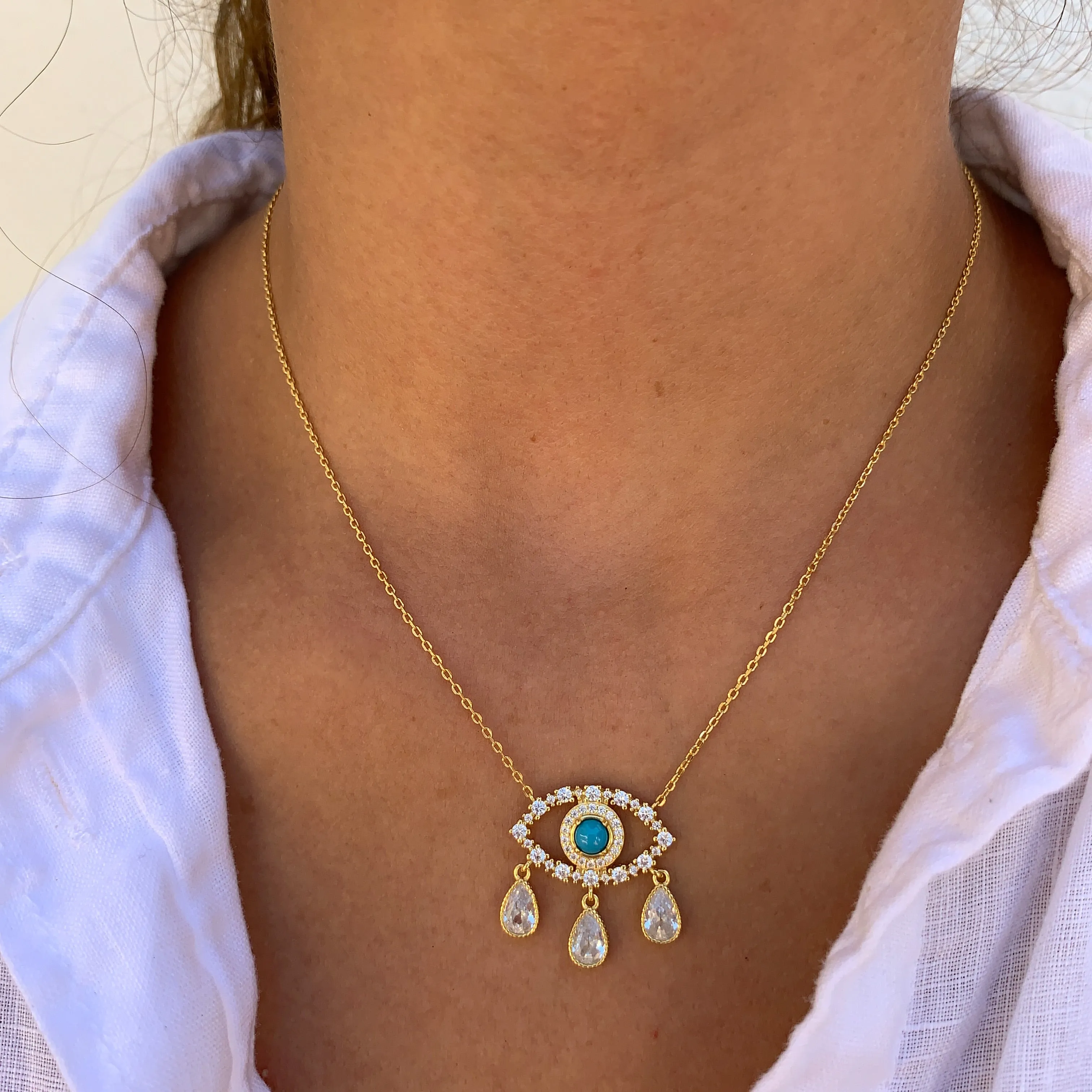 “Diamond Tears" Gold plated turquoise eye necklace