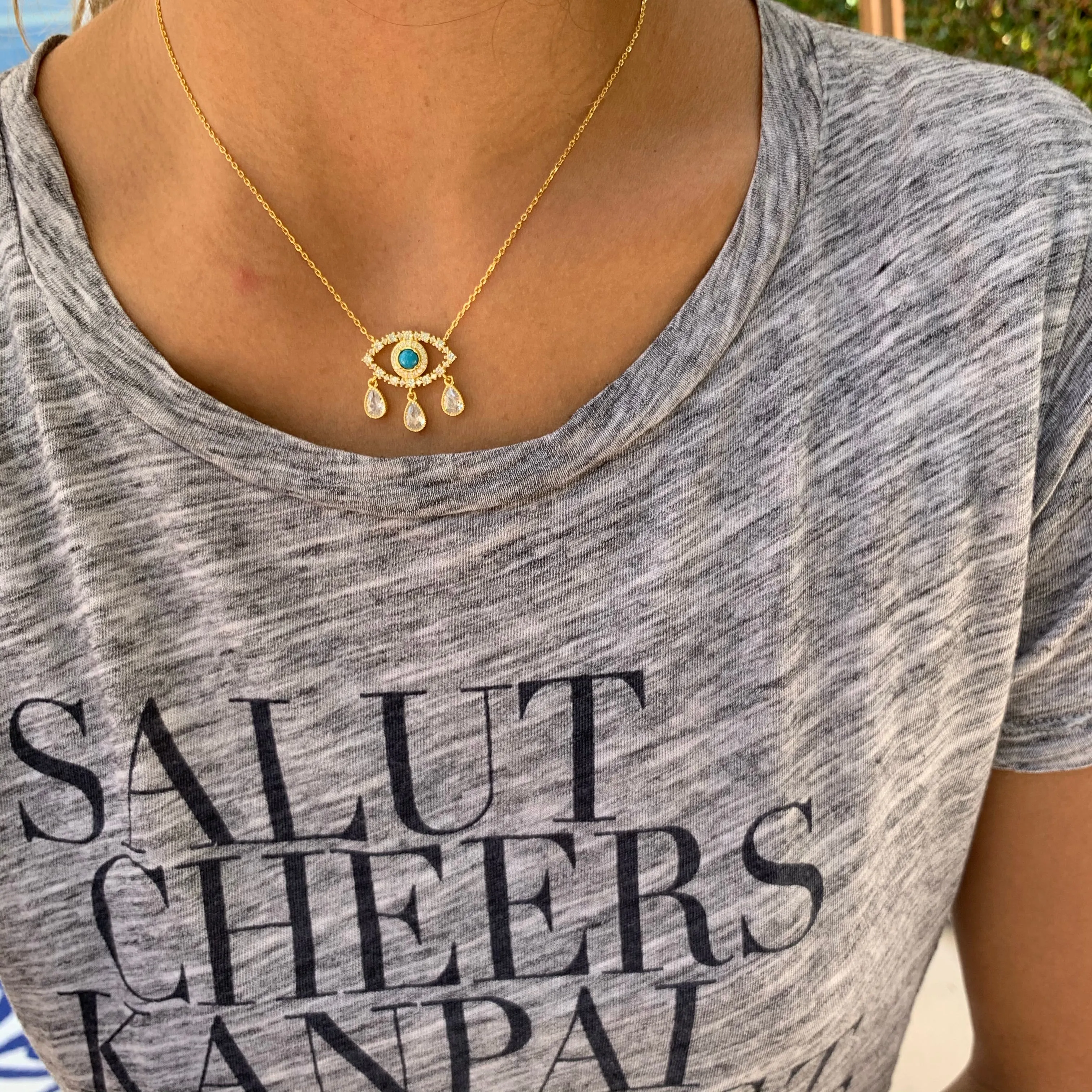 “Diamond Tears" Gold plated turquoise eye necklace