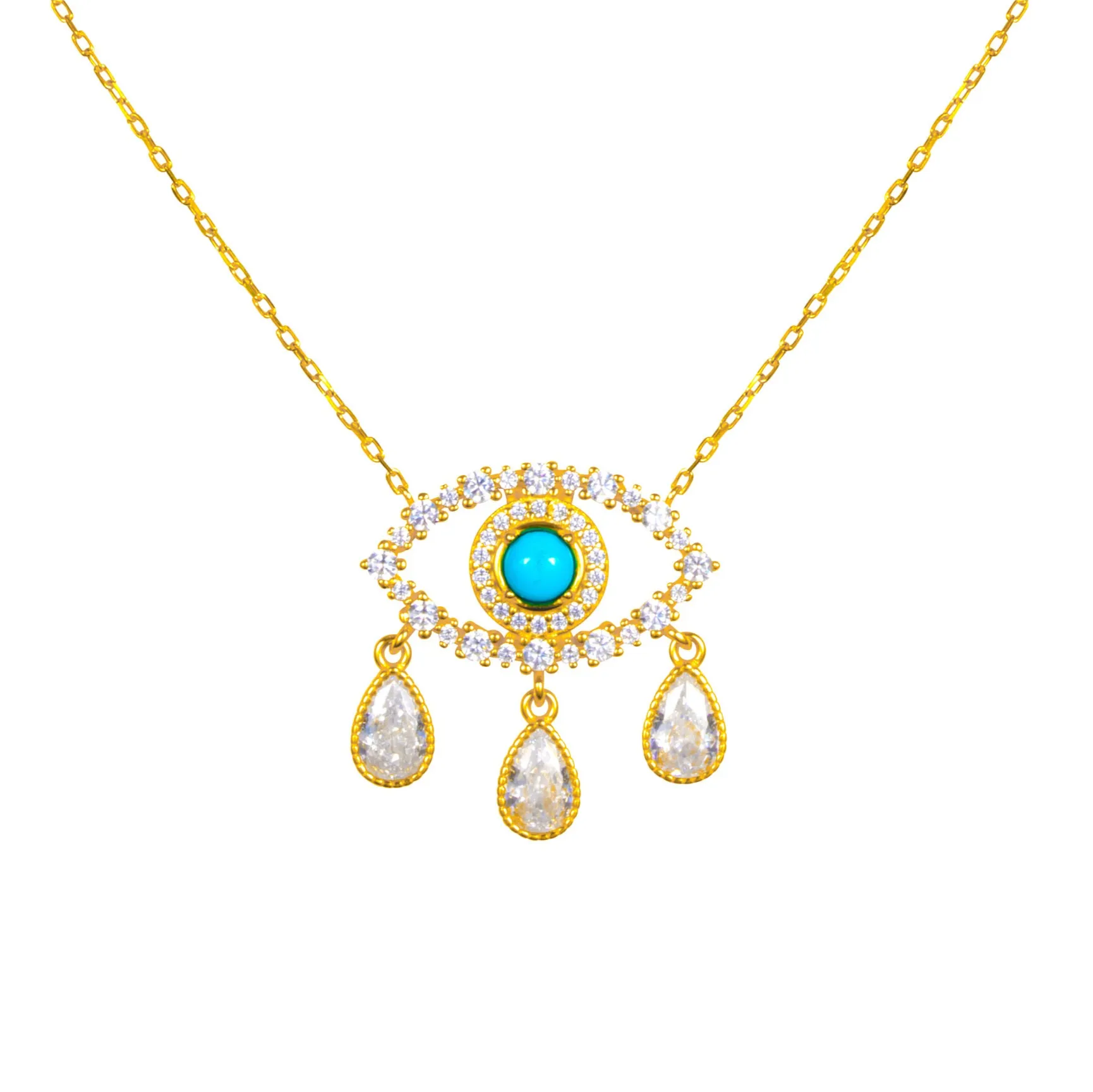 “Diamond Tears" Gold plated turquoise eye necklace