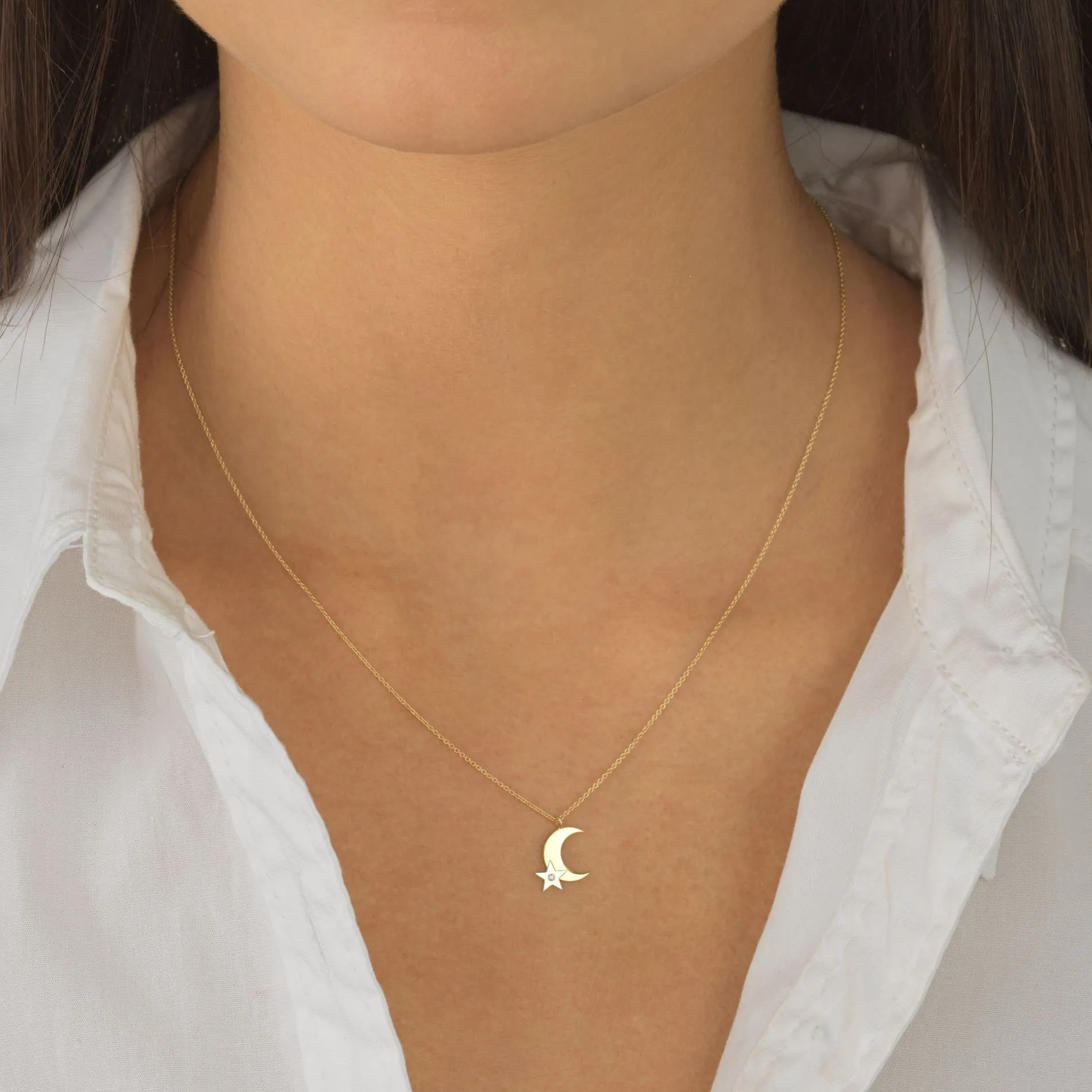Diamond Two-Tone Moon & Star Necklace 14K