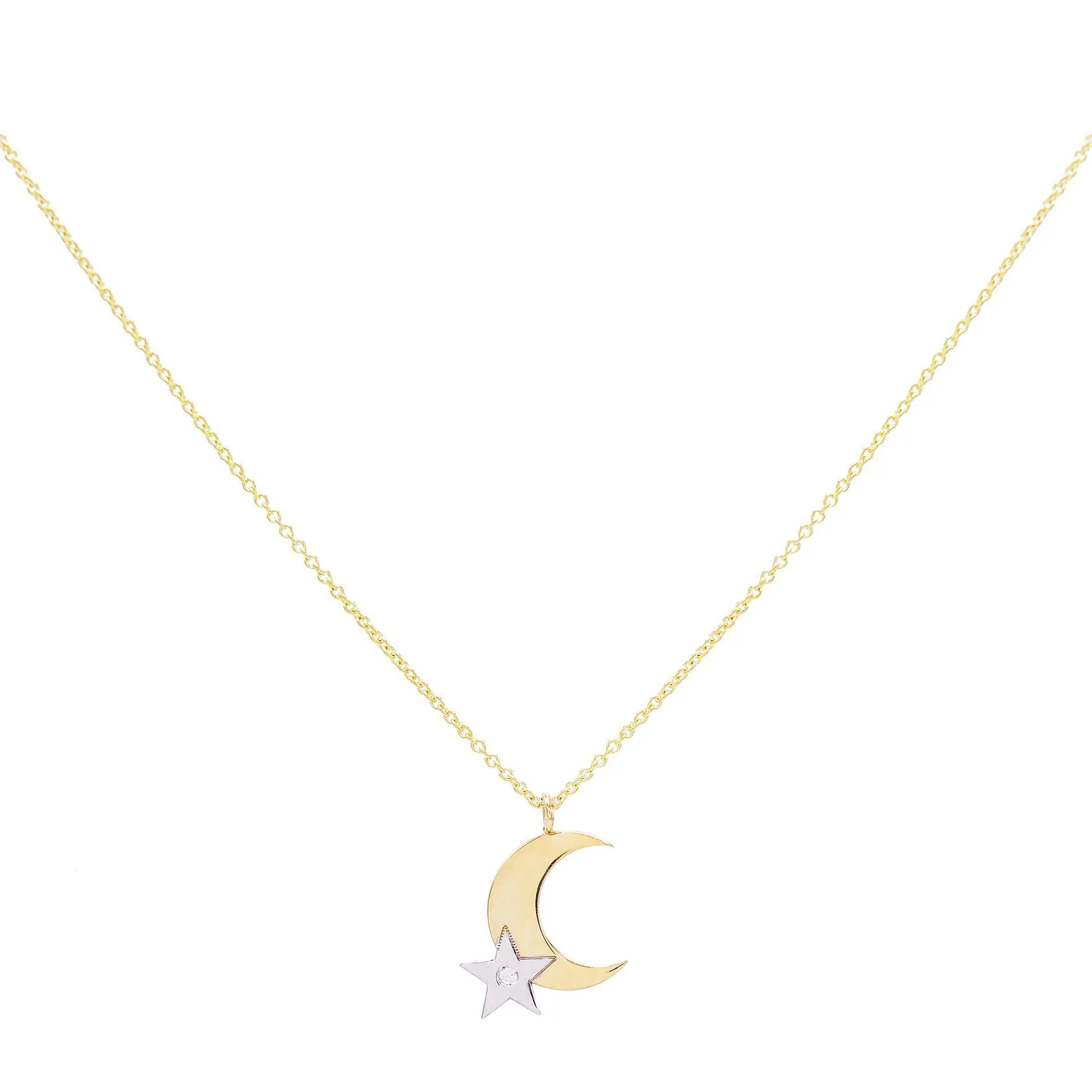 Diamond Two-Tone Moon & Star Necklace 14K