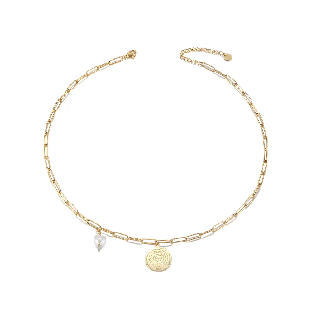 Disc Coin with Love-shaped Pearl Pendant Necklace