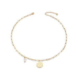 Disc Coin with Love-shaped Pearl Pendant Necklace