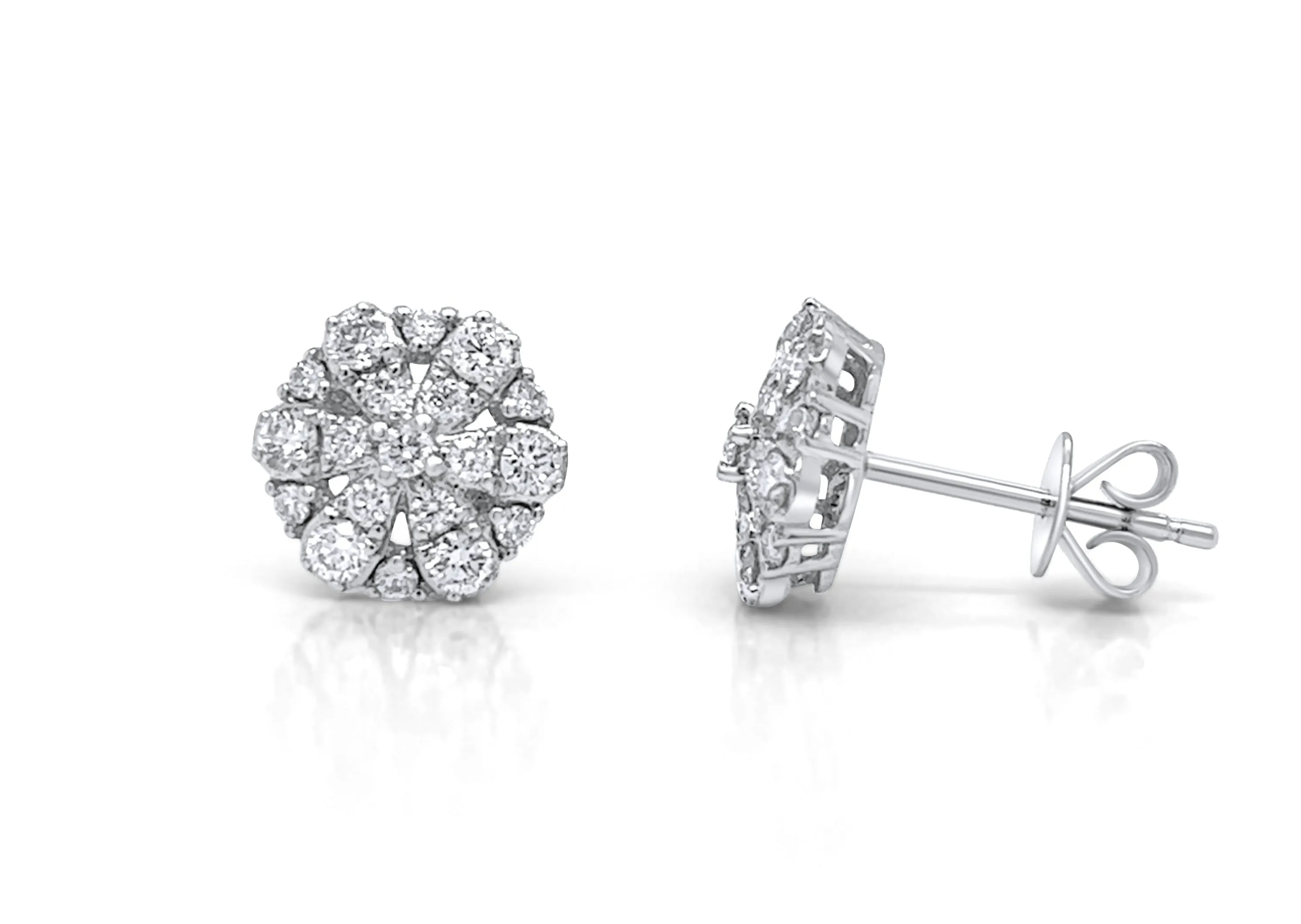 Earrings 18kt White Gold Hexagonal Flowers Round Diamonds