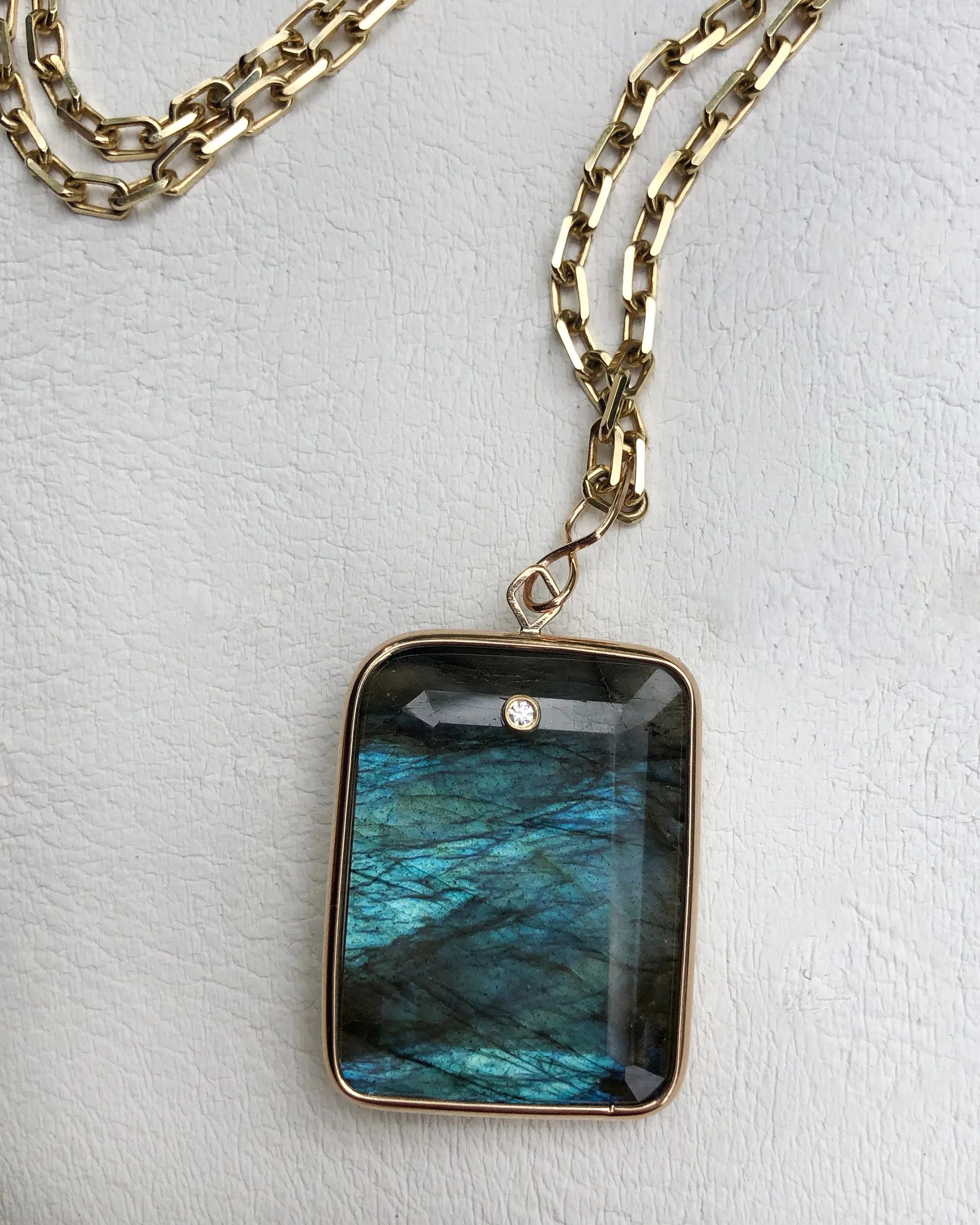 Emerald Cut Labradorite and Diamond Pendant