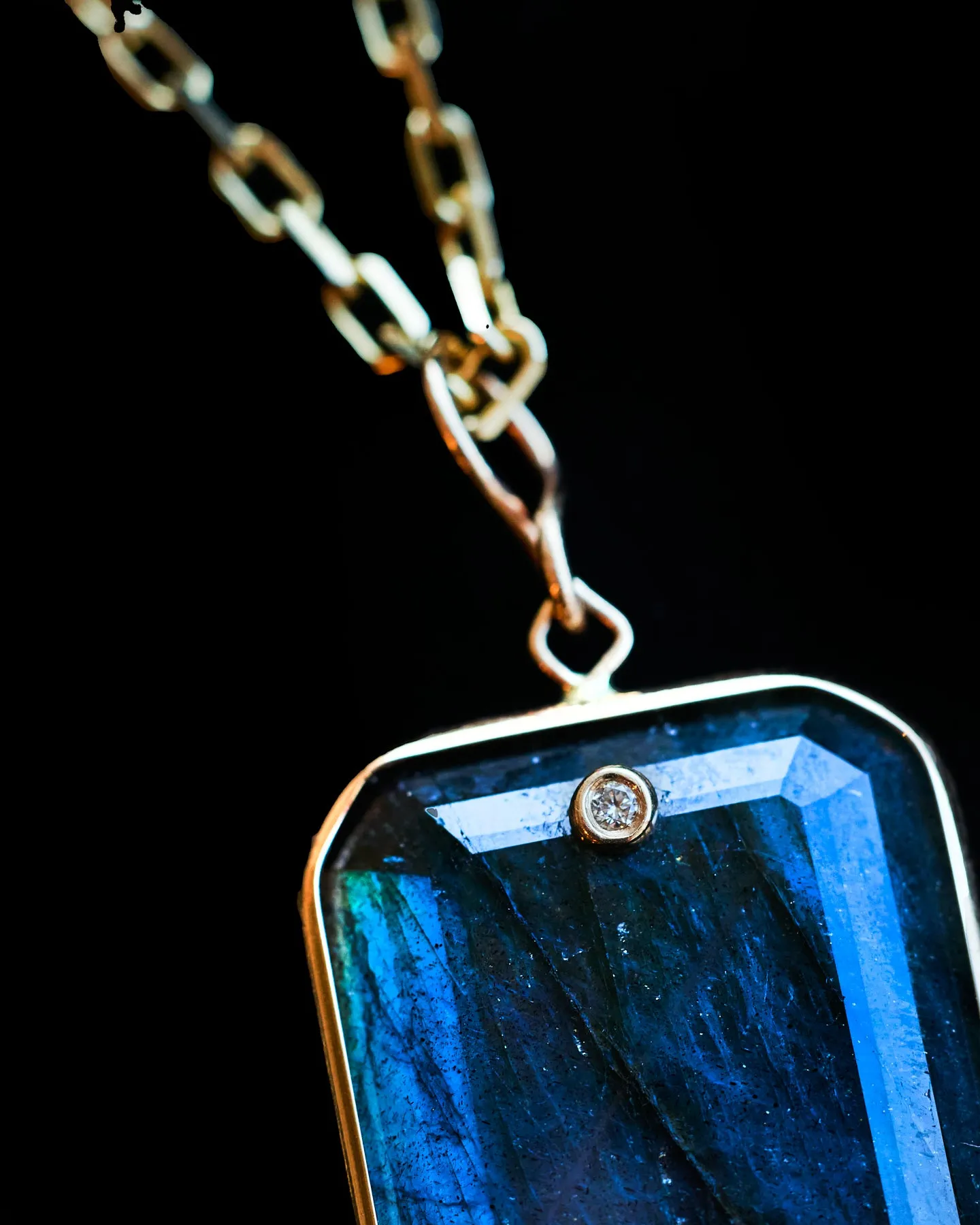 Emerald Cut Labradorite and Diamond Pendant