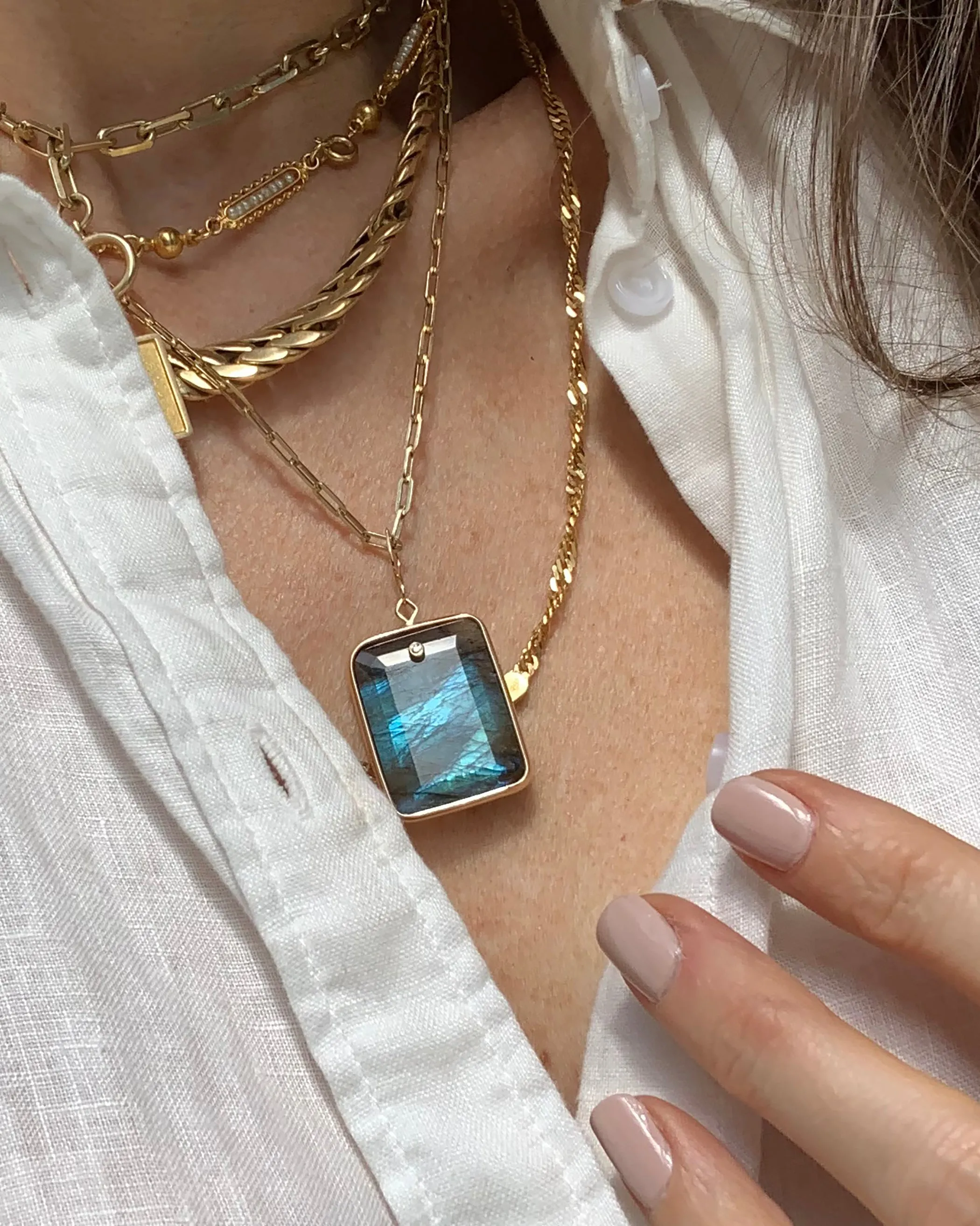 Emerald Cut Labradorite and Diamond Pendant