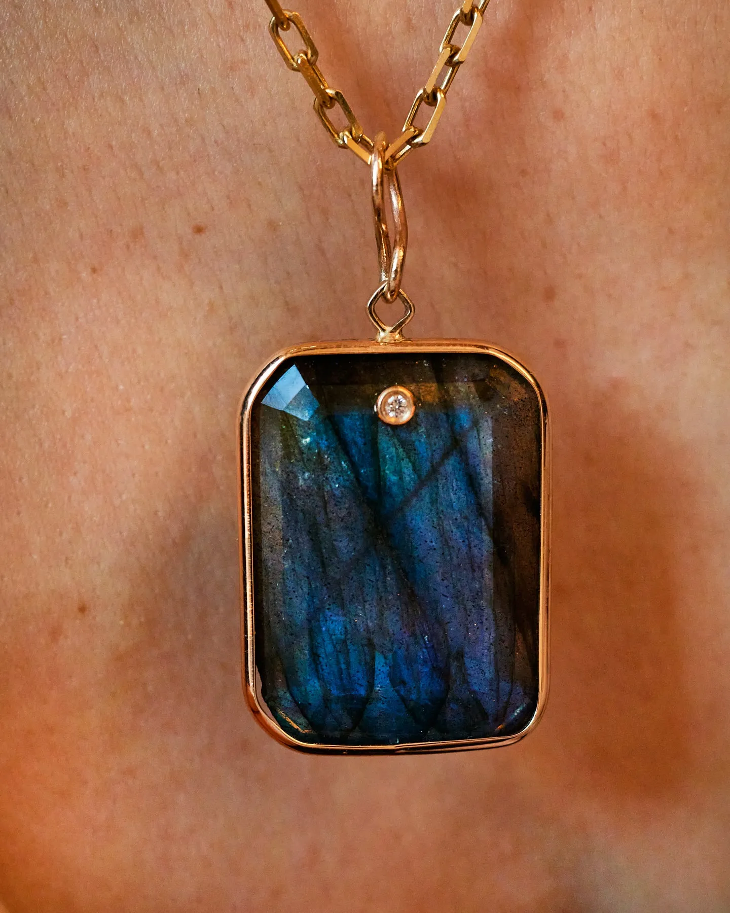 Emerald Cut Labradorite and Diamond Pendant