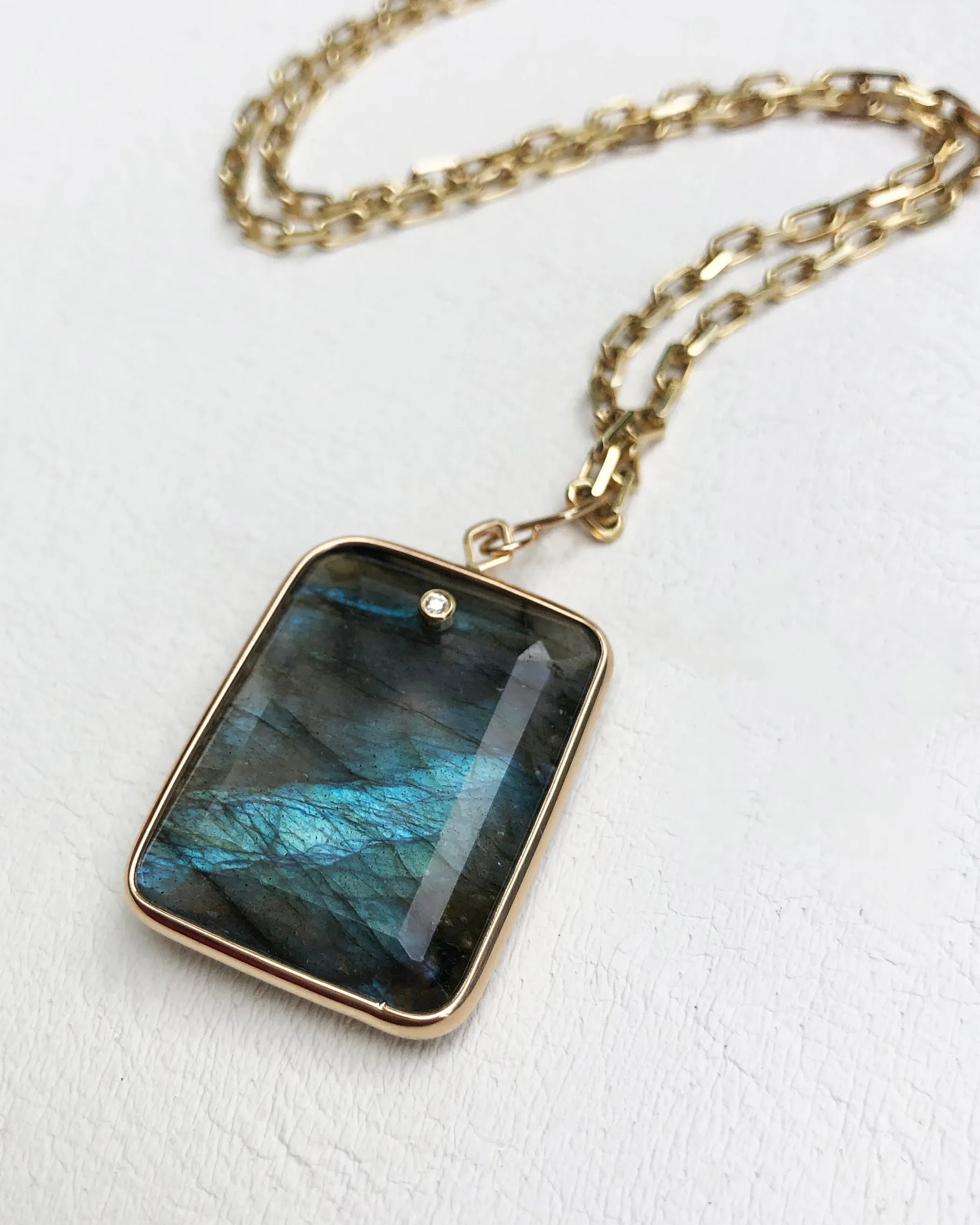 Emerald Cut Labradorite and Diamond Pendant