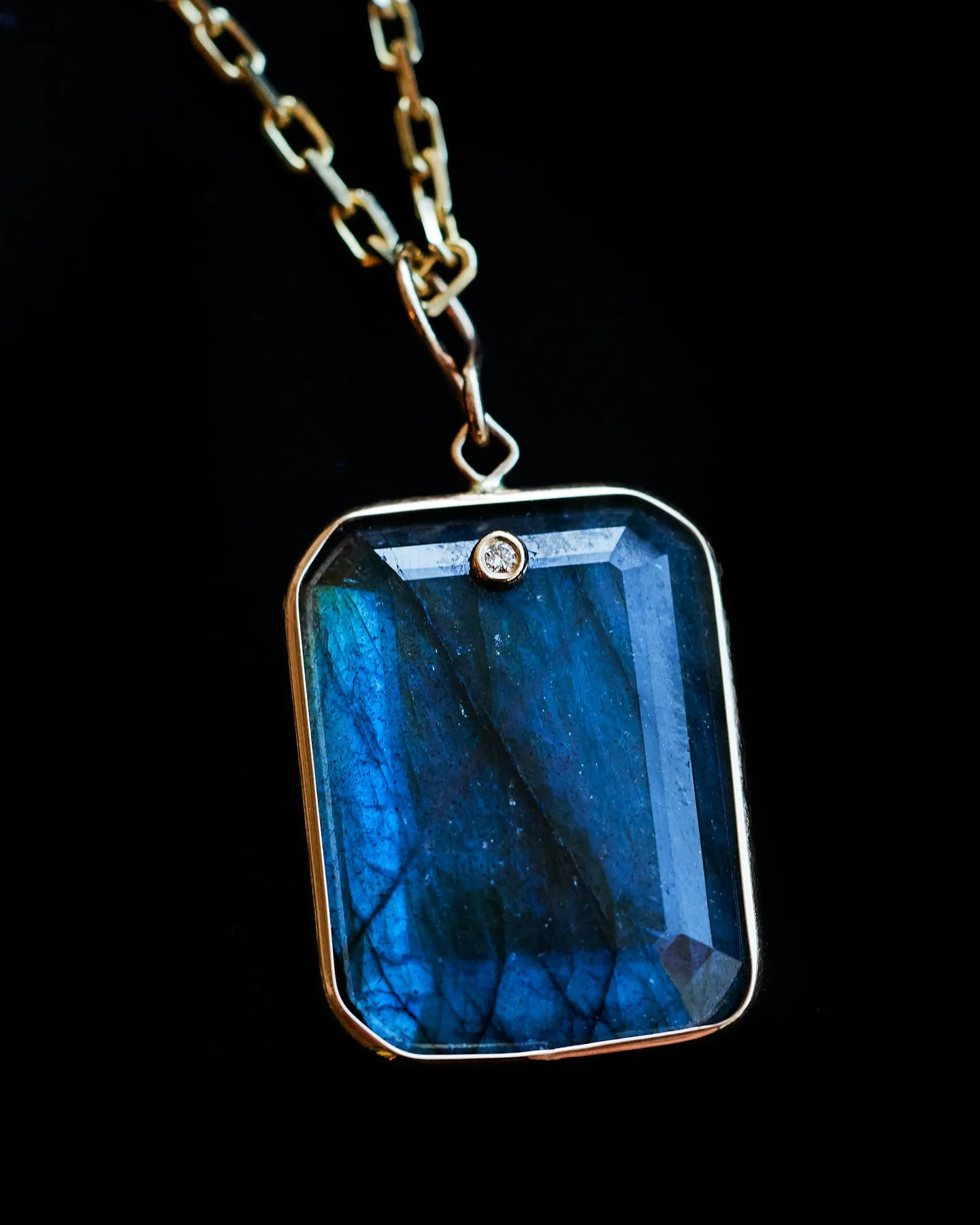 Emerald Cut Labradorite and Diamond Pendant