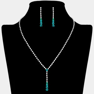 Emerald Round Stone Y Necklace and Earring Set | Green Necklace Set |  615416