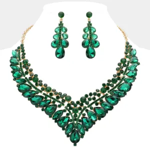 Emerald Teardrop Marquise and Round Stone Evening Necklace Set  | Crystal Statement Necklace Set |  645269