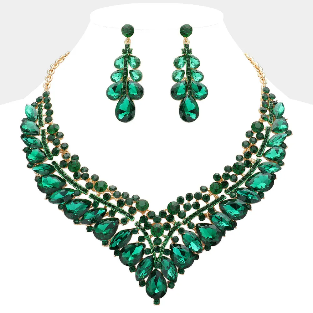 Emerald Teardrop Marquise and Round Stone Evening Necklace Set  | Crystal Statement Necklace Set |  645269