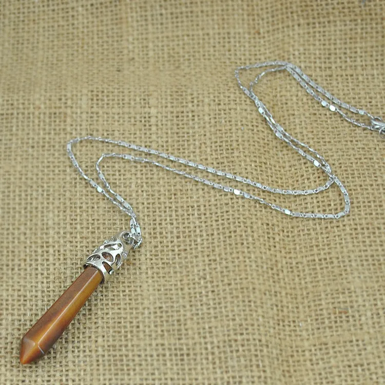 Ethnic Style Natural Stone Six Prism Column Pendant Necklace Mineral Stone Long Sweater Chain